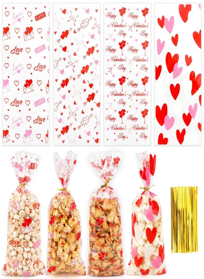 Slergut 100 Pcs Valentine Treat Bags Valentine Cellophane Treat Bags 5 x 10 Inch Plastic Candy Cookie Bag with Gold Twist Ties for Goodies 4 Styles Gift Favor Bag for Valentines Day Wedding Party Supplies - Image 1